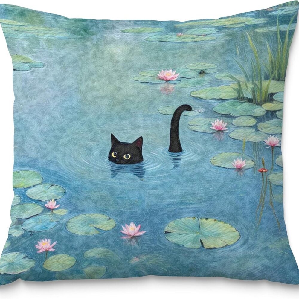 Black Cat Art Painting Throw Pillow Covers 18x18, Aesthetic Black Cat Decor Pill